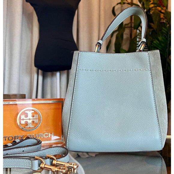 Tory Burch Pebbled Leather Mini Bucket Bag With Detachable Strap In Light Gray - Picture 3 of 10